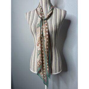 Cacharel Silk Scarf Bronze Green Small NO STAINS 100% Silk 69"x10" 70s Vibes